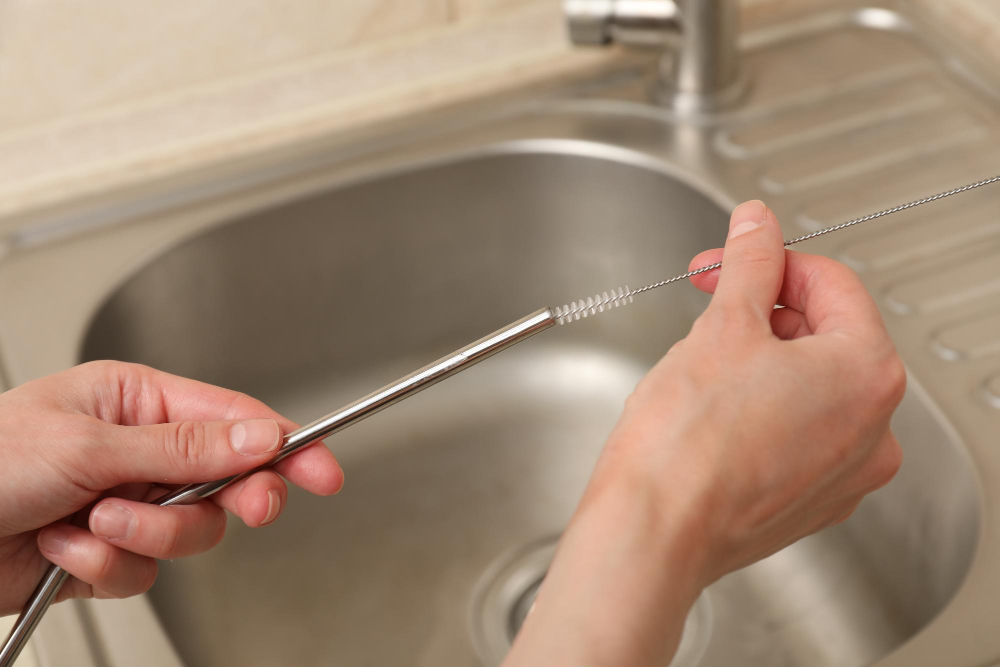 싱크대에서 스테인리스 빨대를 세척솔로 청소하는 손
