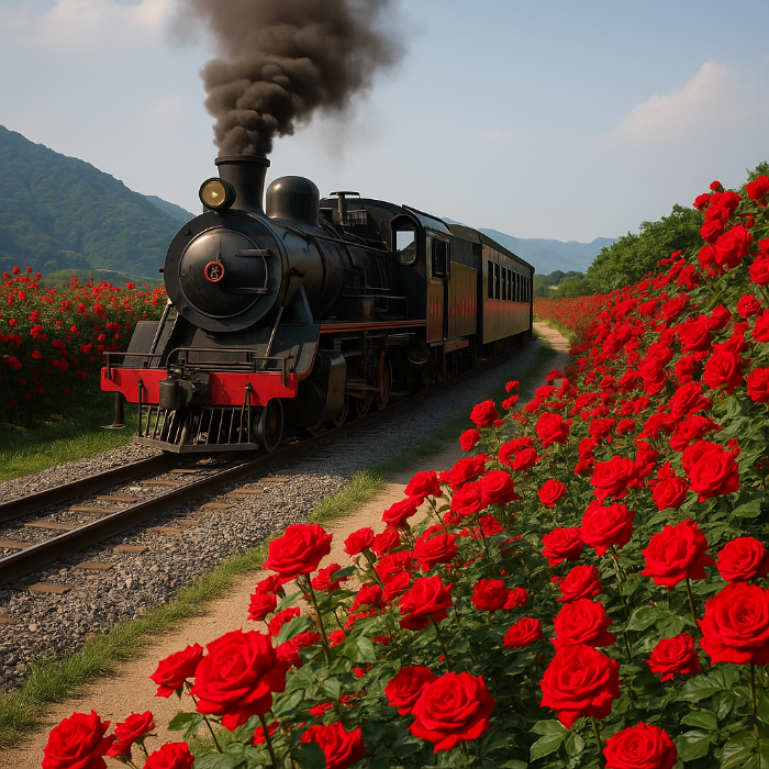 증기기관차 장미꽃밭 사진