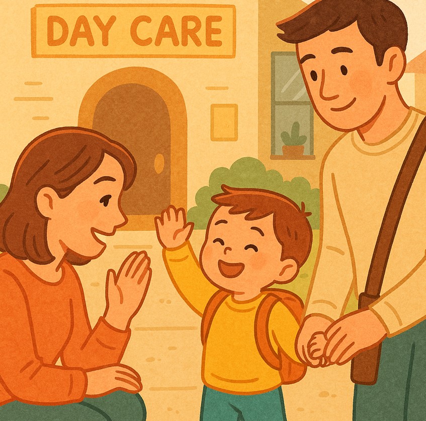 아이가 어린이집 앞에서 부모와 작별 인사를 나누는 따뜻한 장면