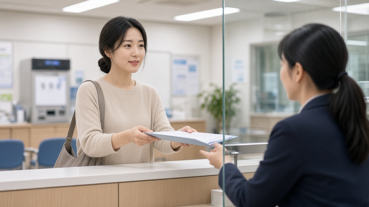 동네 주민센터 민원 창구에서 임대차계약서를 내미는 한국인 신혼부부