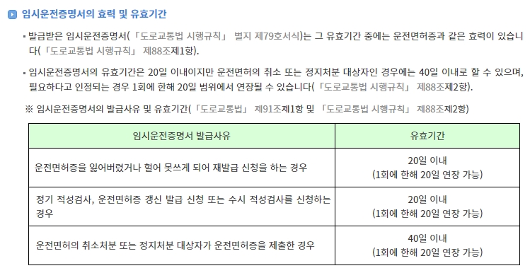 임시운전증명서의 효력과 20일이라는 유효기간에 대한 설명