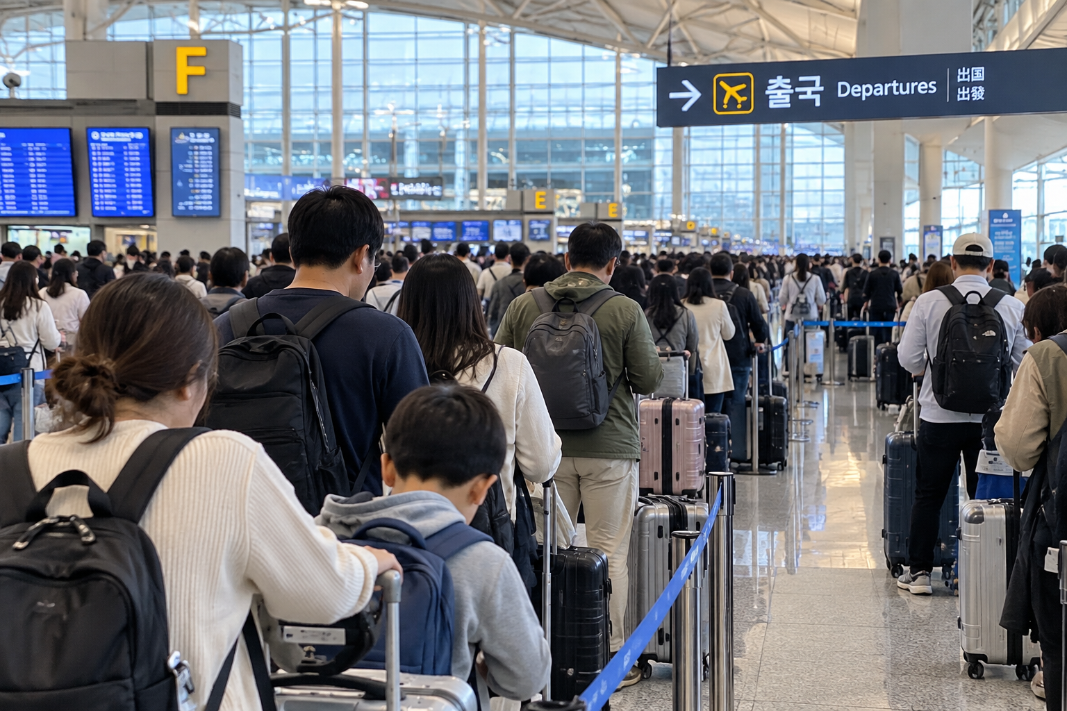 추석 연휴 해외여행을 떠나기 위해 붐비는 공항 출국장에서 길게 줄을 서서 기다리는 여행객들의 AI이미지