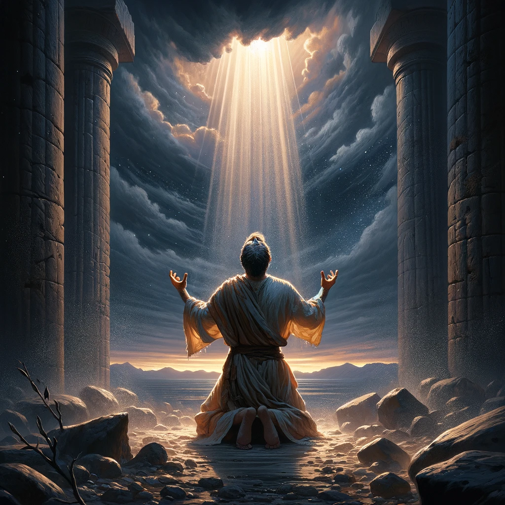 욥기의 주인공인 욥이 두려움이 온몸을 덮는 상황에서도 하나님이 보신다는 신뢰를 가지는 담대함을 나타내는 그림 / the illustrations depicting Job in a moment of fear yet demonstrating boldness through his trust in God's presence. The image captures the essence of hope, faith, and resilience amidst adversity.