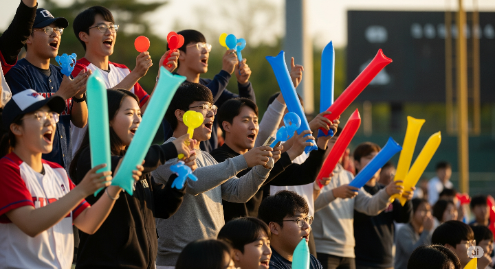 전국체전 소프트볼 경기장에서 열정적으로 응원하고 있는 젊은 남녀 팬들. 햇살 아래에서 응원 도구를 흔들며 활기찬 모습.