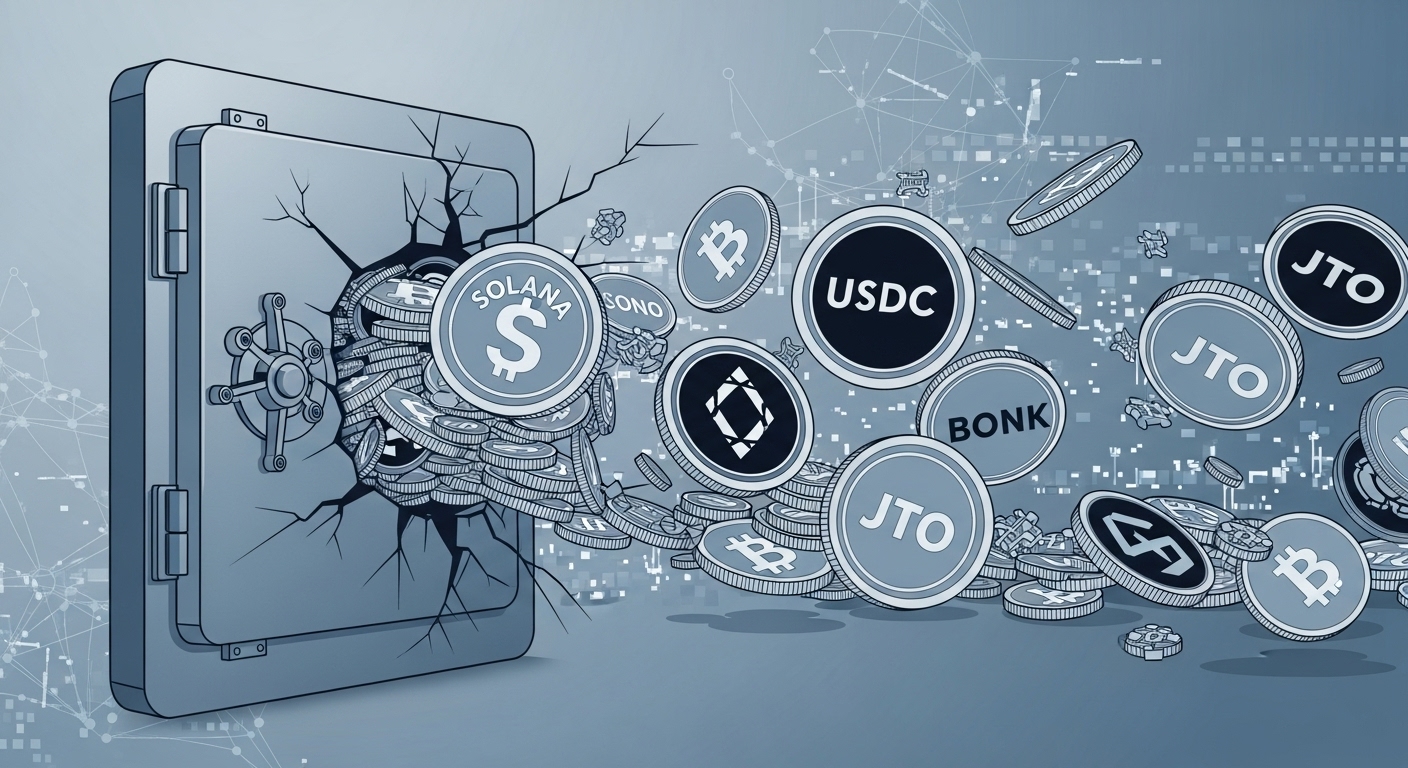 다양한 솔라나 계열 암호화폐가 디지털 금고에서 빠르게 빠져나가는 모습으로, 대규모 자산 탈취 상황을 상징하는 일러스트