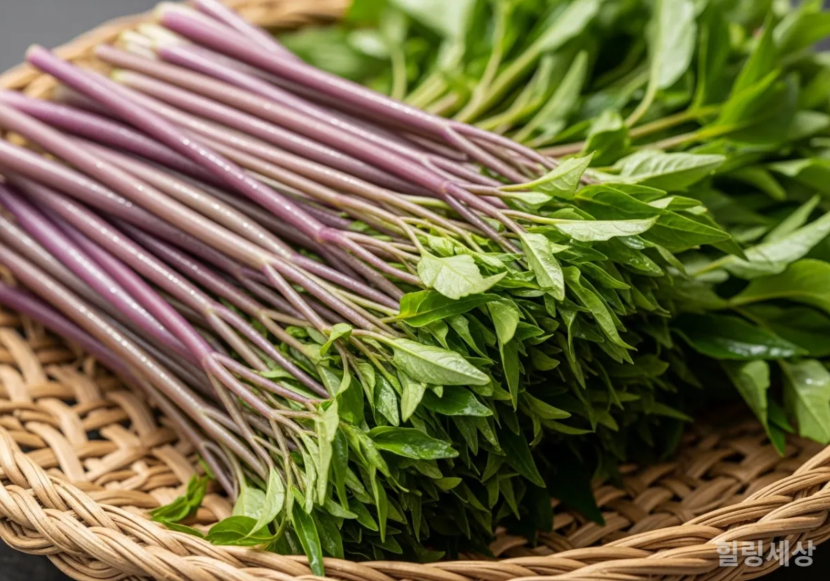 보랏빛 줄기가 선명하고 싱싱한 청도 한재미나리 클로즈업