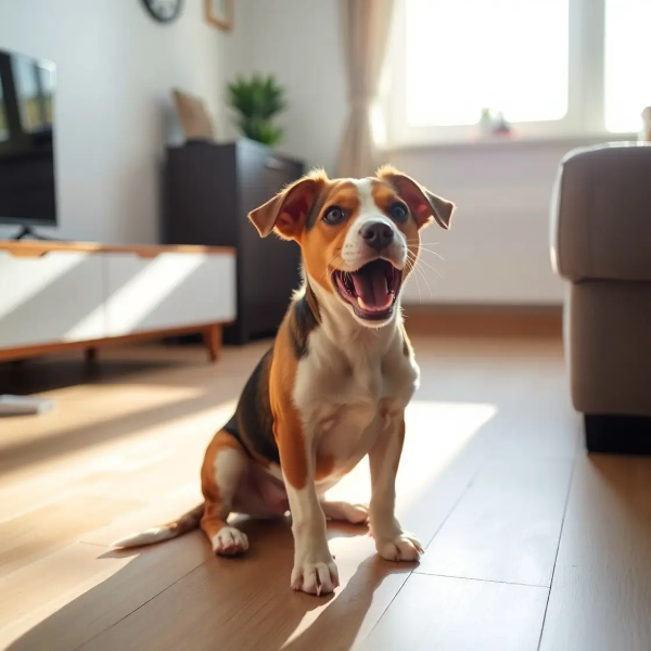 1. 혼자 있을 때 짖고 있는 강아지, 거실 바닥에 앉아 창문에서 햇살이 비추는 모습의 실사 사진