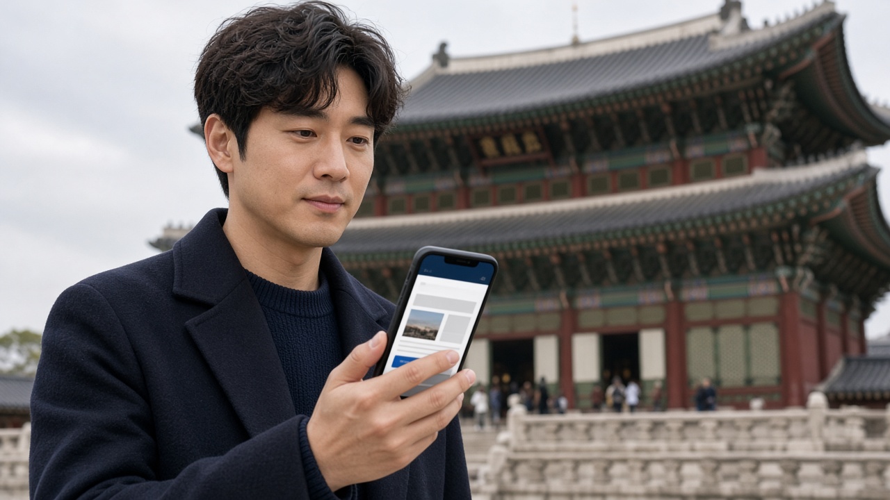스마트폰으로 궁궐 예약 화면을 열어 둔 30대 한국인 남성
