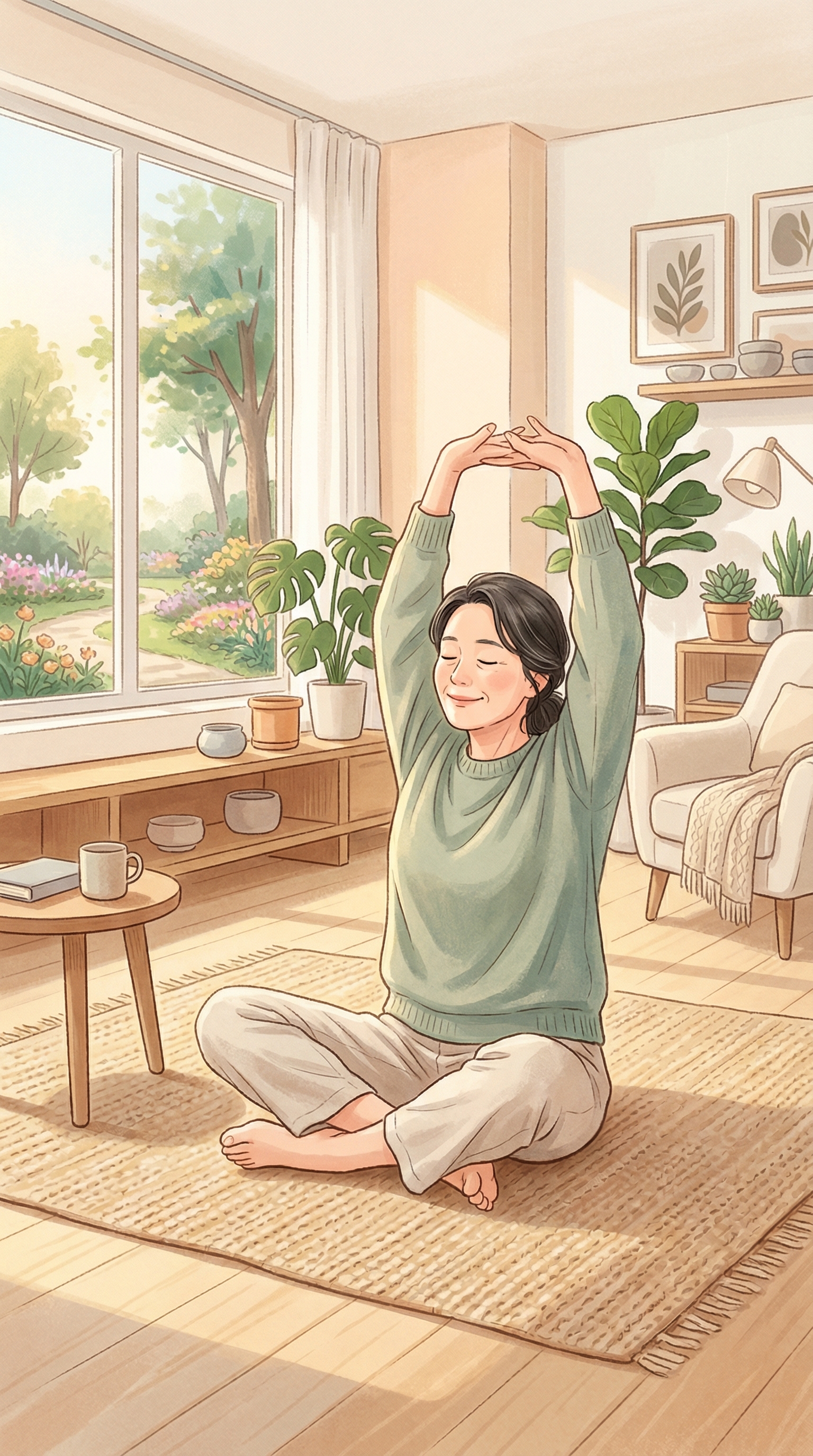 아침 햇살 속에서 가볍게 스트레칭하는 50대