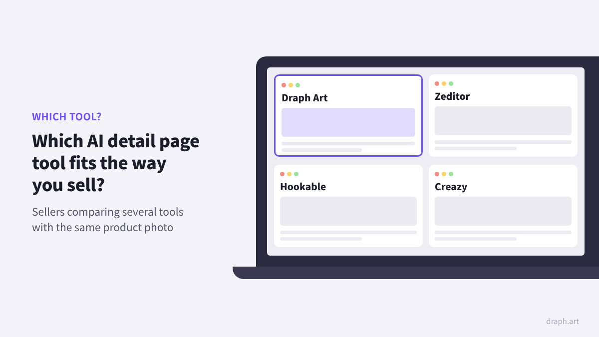 Choosing an AI Product Detail Page Tool - Compare 4 options (Draph Art, Zeditor, Hookable, Creazy) to find the one that fits your sales style