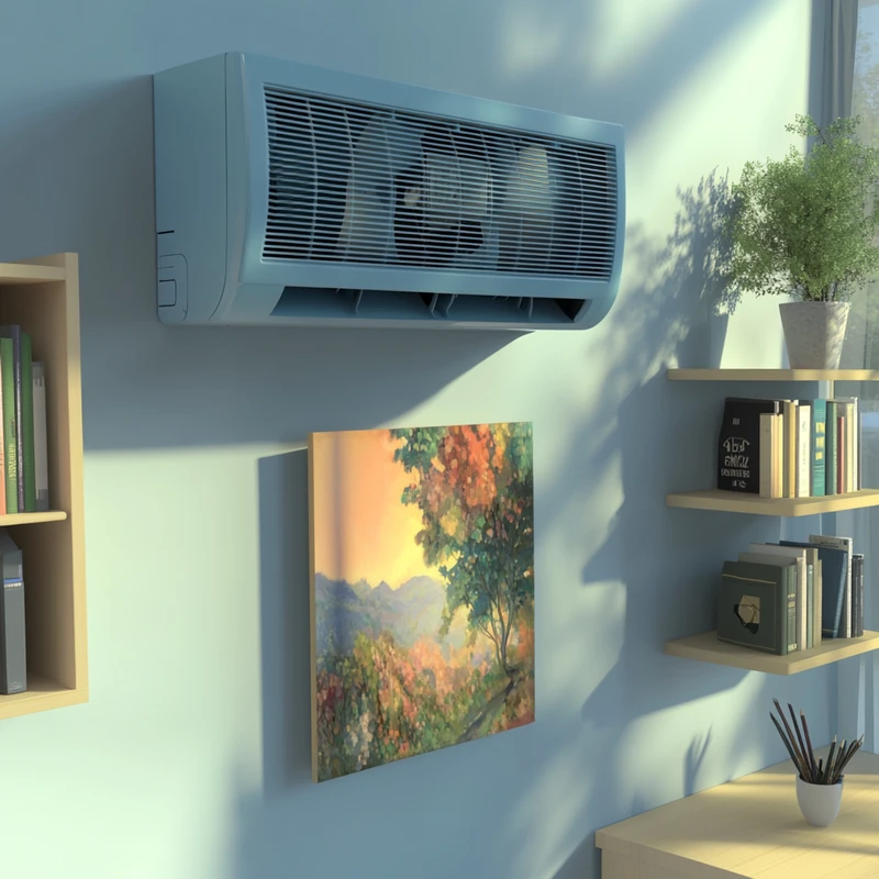 AI 기능이 장착된 벽걸이 에어컨이 바쁜 근무 중에 실내 환경에 맞춰 자동으로 조절되고, 세련된 홈 오피스와 조화를 이루며 효율성을 극대화합니다.