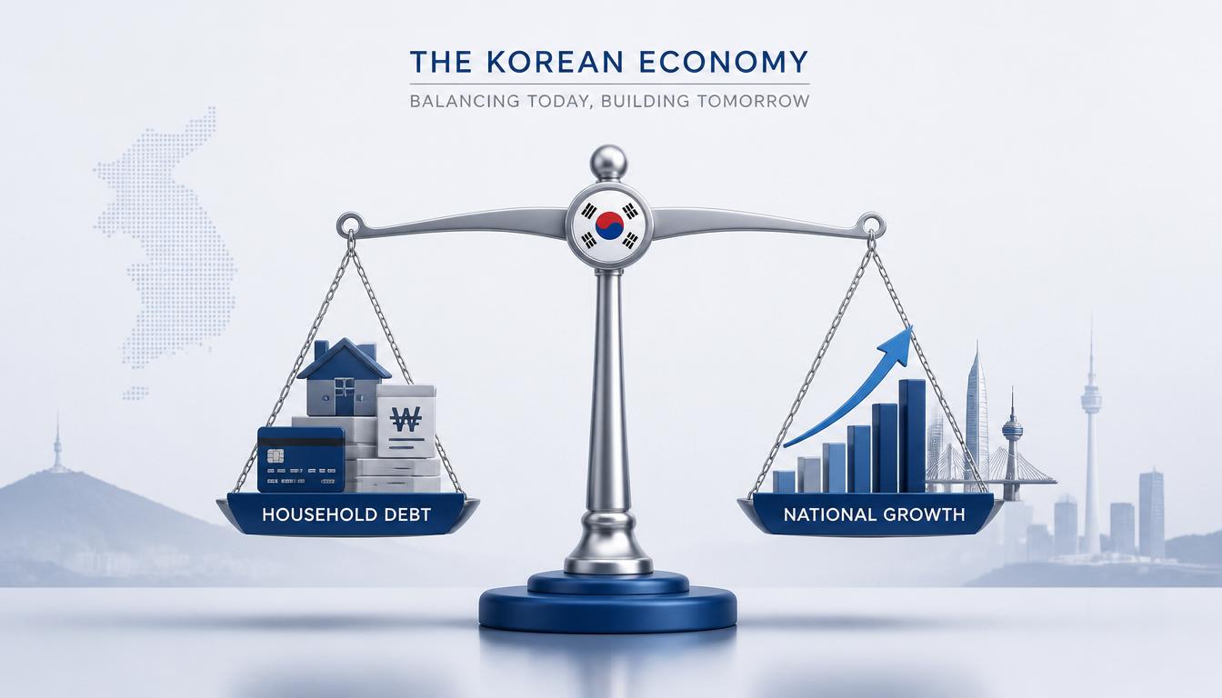 A comparative chart illustrating South Korea's household debt-to-GDP ratio compared to Japan's historic peak, detailed financial graph.