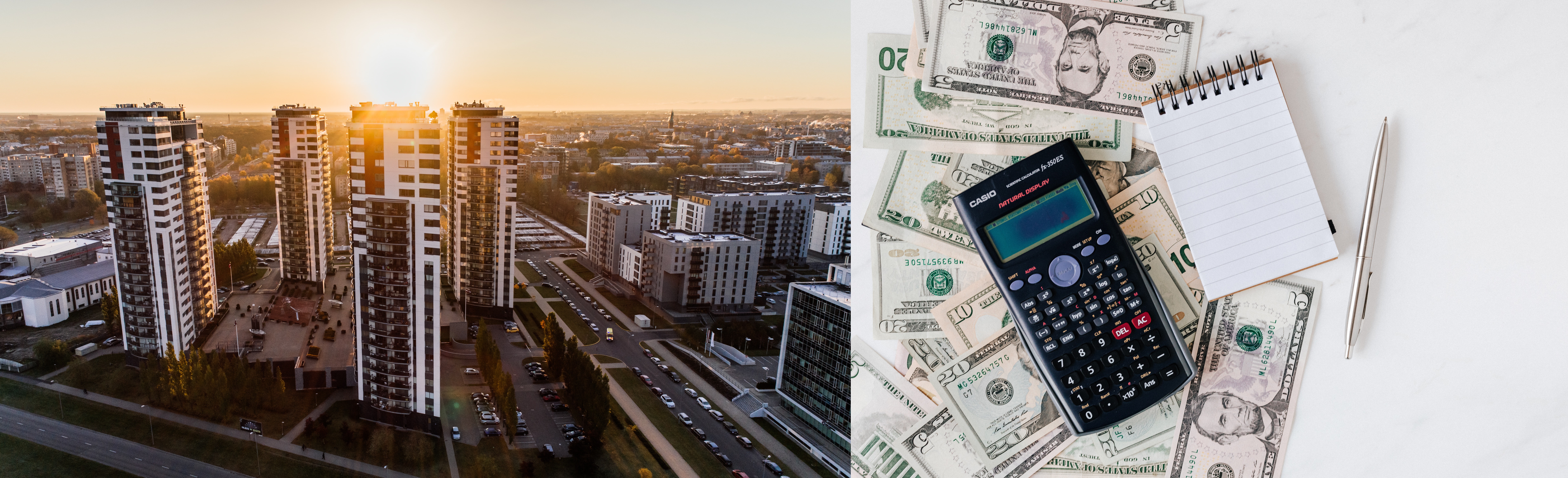 부동산 투자관련 아파트사진, 지폐, 계산기, 메모장, 볼펜 사진