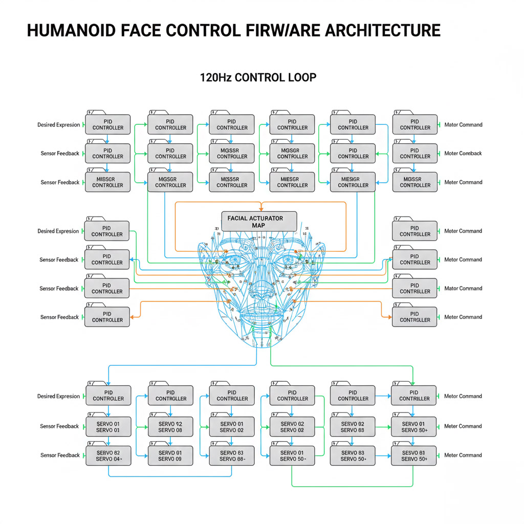 휴머노이드 얼굴 전체를 제어하는 펌웨어 구조: 50~120Hz 제어 주기로 표정이 “떨리지 않게” 만듭니다