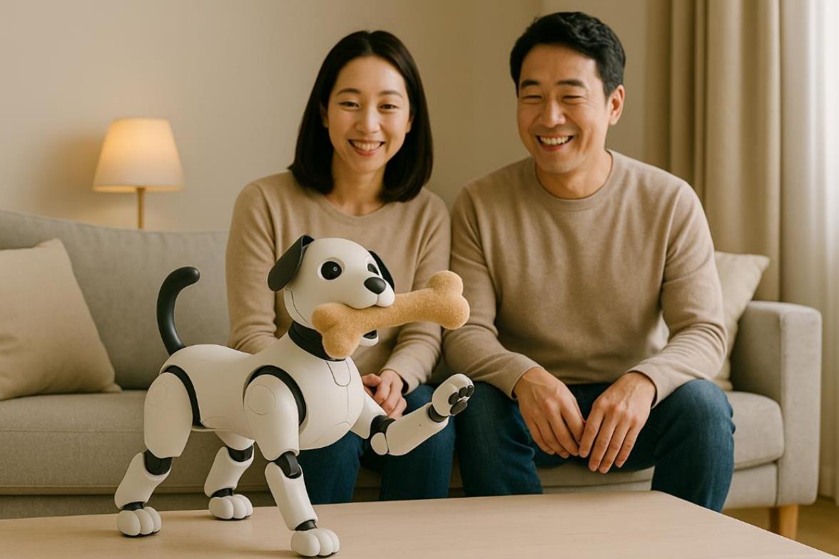 로봇 강아지가 앞발을 들고 장난감을 물고 있는 모습을 부부가 미소를 지으며 바라보는 장면