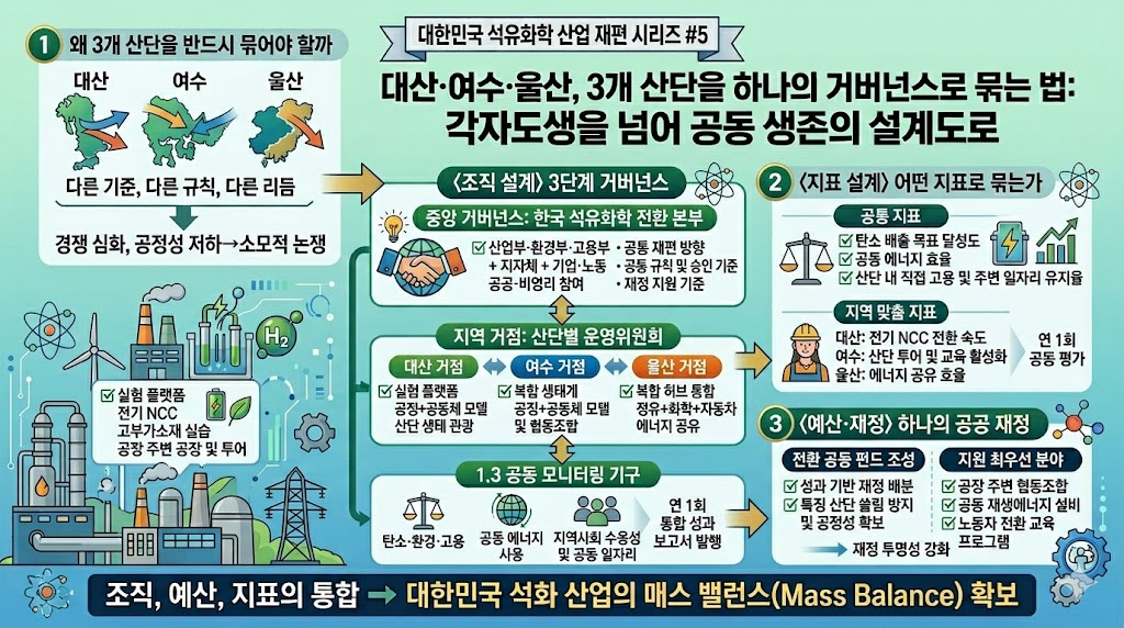 석유 화학 재편 시리즈, 3개 산단을 하나의 거버넌스로 묶는 법, 각자도생을 넘어 공동 생족으로, 인포그래픽