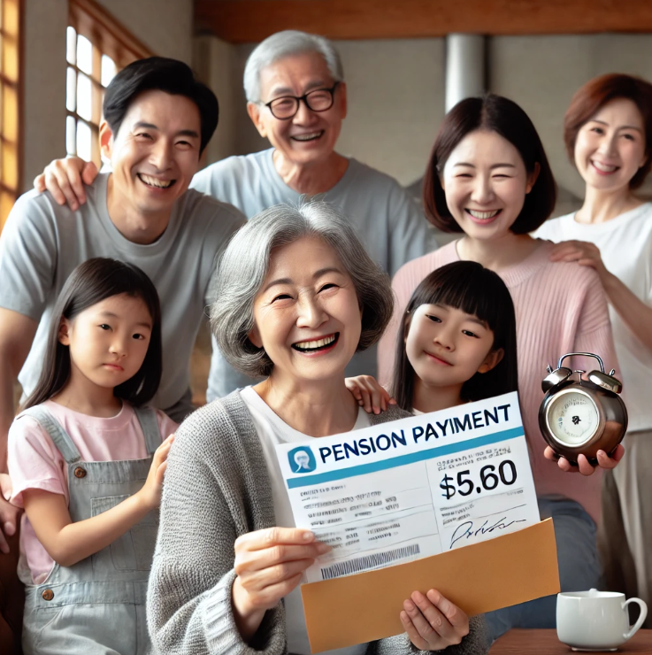 가족과 함께 연금 수령 통지서를 받는 노인의 모습