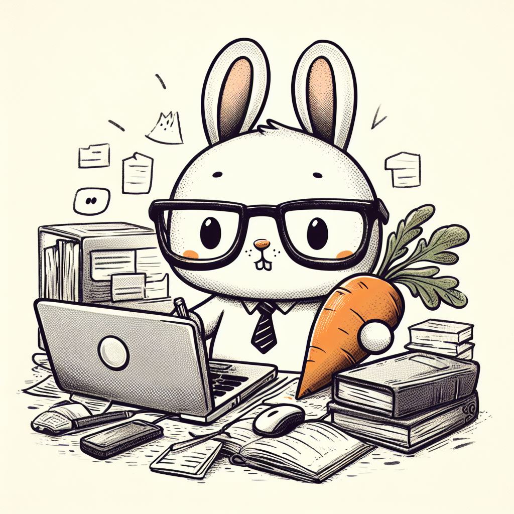 AI 이미지. By Bing Image Creator . 노트북을 사용하는 토끼. 만화적인.