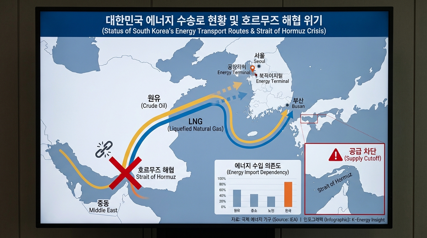 호르무즈 해협 봉쇄로 인한 한국 에너지 공급망 차단 위기 분석 지도