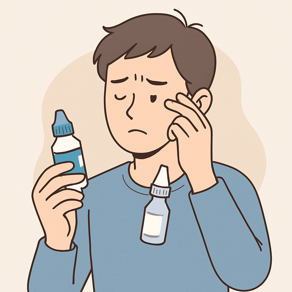 약국용과 처방용 인공눈물을 비교하며 사용하는 인물, 눈물약을 한 방울씩 사용하는 모습