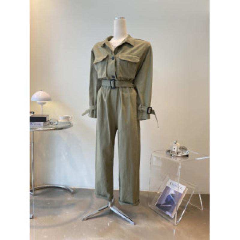 투포켓 슬리브 스트랩 트렌치 카키 점프수트