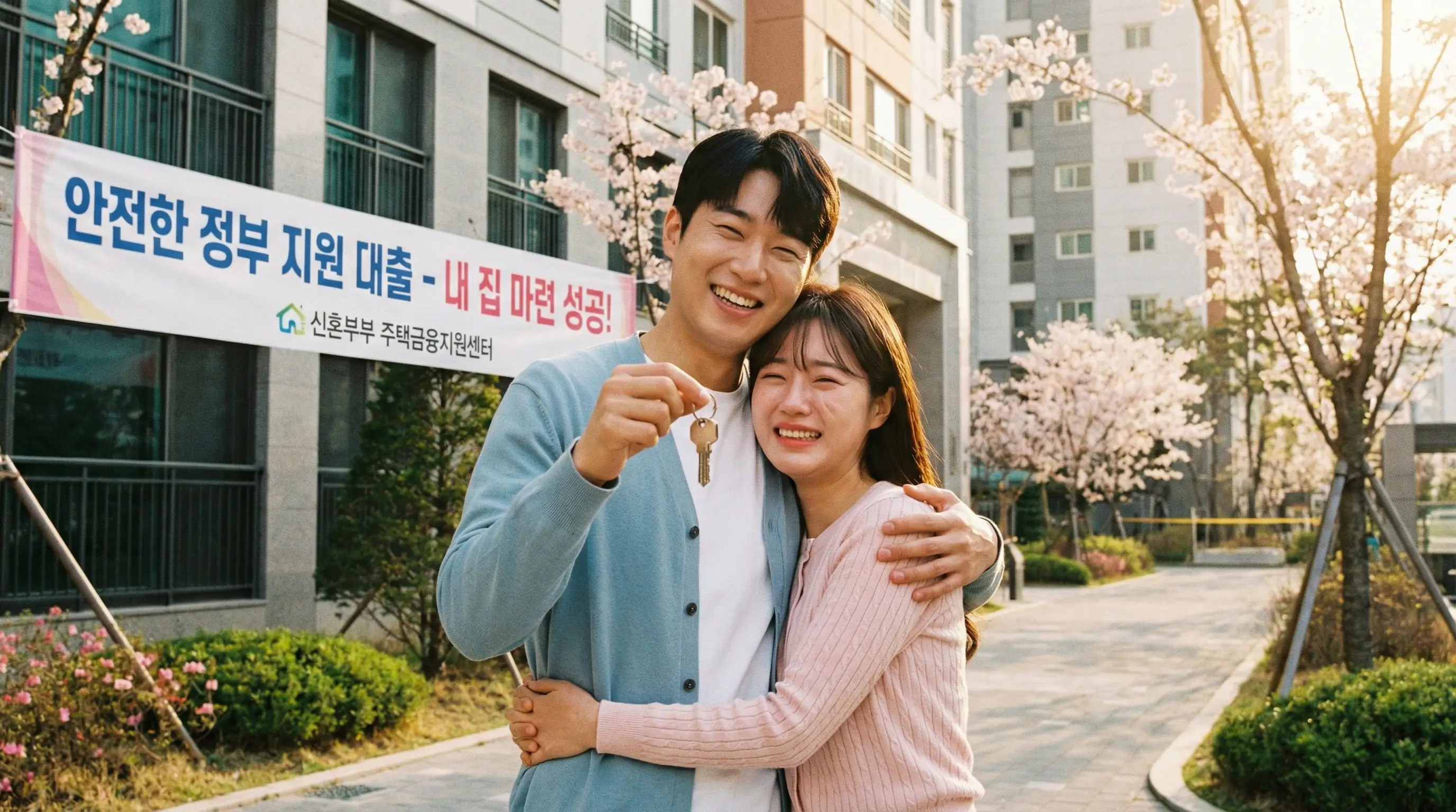 안전한 정부 지원 대출로 내 집 마련에 성공하여 열쇠를 받고 기뻐하는 신혼부부의 모습