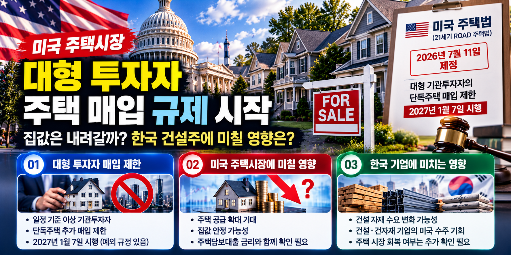 미국 주택시장 대형 기관투자자 단독주택 매입 규제와 집값 한국 건설주 영향