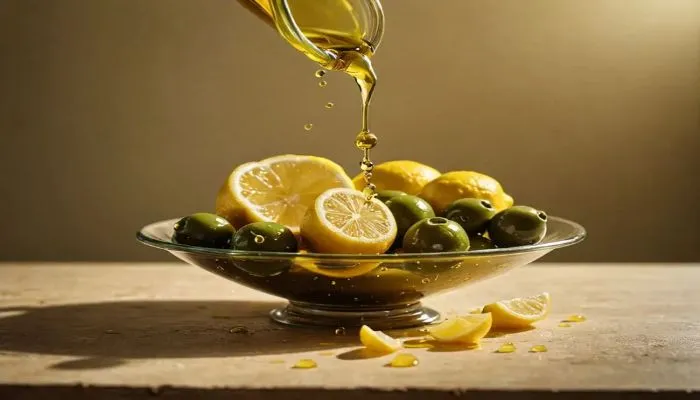 레몬과 올리브 위로 올리브오일이 떨어지는 장면