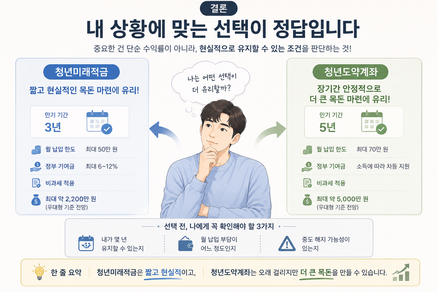 청년미래적금과 청년도약계좌를 비교하고 상황에 맞는 선택 기준을 설명하는 결론 이미지