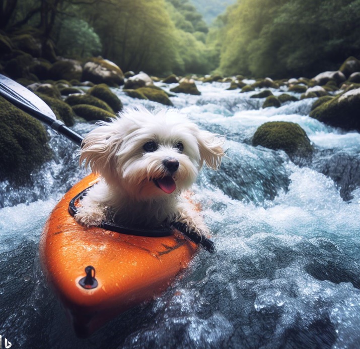 세차게 흐르는 강에서 카약을 타며 열심히 노를 젖고 있는 말티즈의 모습