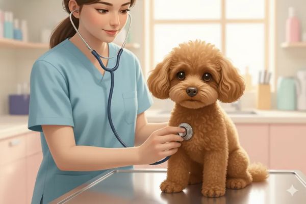 갈색 푸들 강아지가 동물병원에서 수의사(청진기 착용)와 함께 건강 검진을 받는 따뜻한 분위기의 이미지