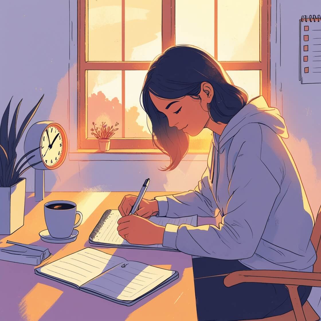 미루는 습관을 바꾸기 위해 필기하고 있는 여성