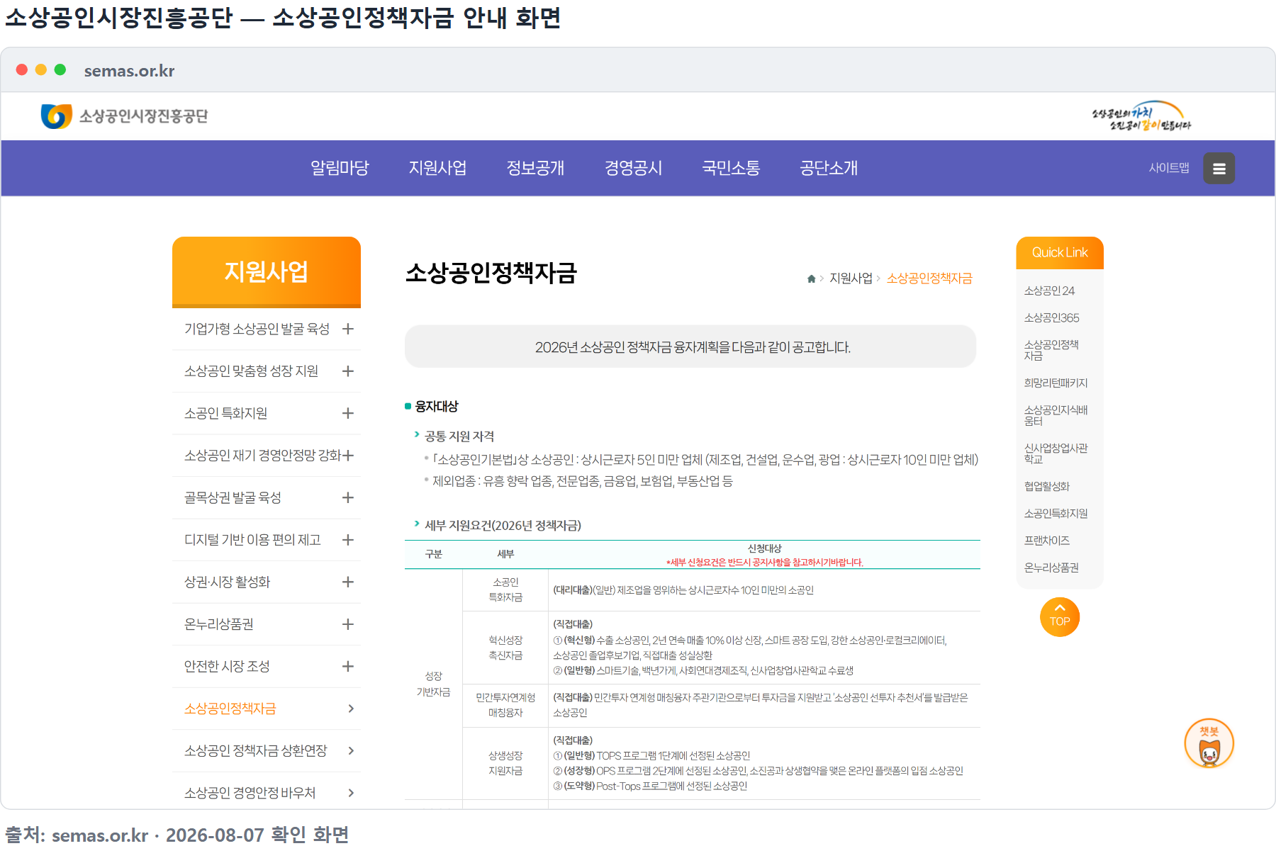 소상공인시장진흥공단 소상공인정책자금 안내 화면 &mdash; 융자대상과 세부 지원요건이 여기 있다