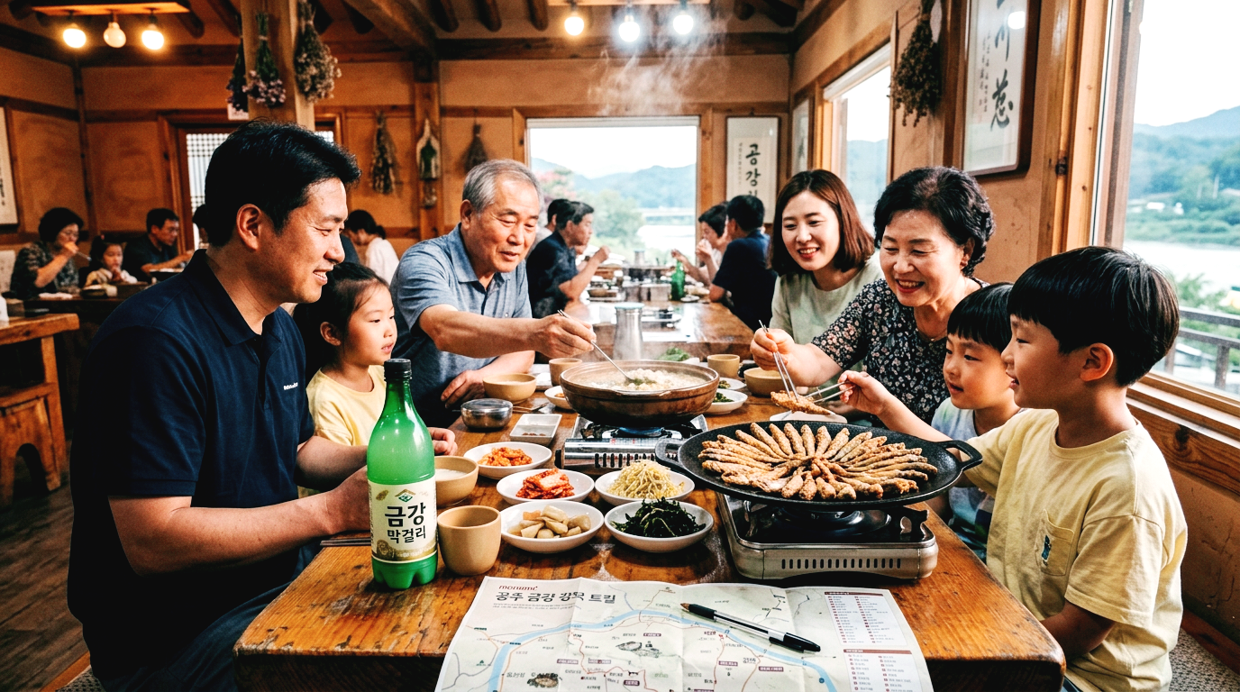 영동 둘레길 여행 후 근처 맛집에서 지역 별미인 어죽과 도리도리뱅뱅을 맛있게 먹고 있는 가족의 모습