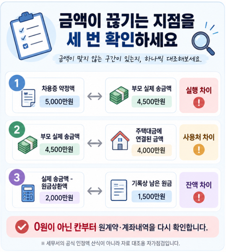 자녀 주택자금 차용에서 약정액과 부모 실제 송금액, 주택대금 연결액, 원금 상환 후 잔액의 세 가지 차이를 점검하는 흐름