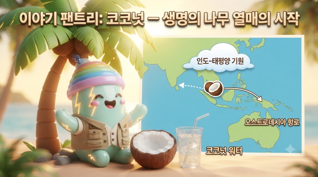 쫀쿠의 이야기 팬트리, 이번엔 코코넛입니다! 입체감이 살아있는 3D 쫀쿠가 거대한 코코넛 야자수 아래 앉아 있습니다. 쫀쿠는 신기한 듯 코코넛 열매를 바라보고 있고, 그 뒤로 코코넛 워터가 담긴 투명한 잔과 과육이 가득한 그릇이 놓여 있습니다. 배경에는 코코넛 열매가 해류를 타고 바다를 건너는 모습이 귀여운 아이콘으로 그려져 있습니다.