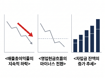 아래 텍스트 내용의 그래프 이미지

<매출총이익률의 지속적 하락>
<영업현금흐름의 마이너스 전환>
<차입금 잔액의 증가 추세>