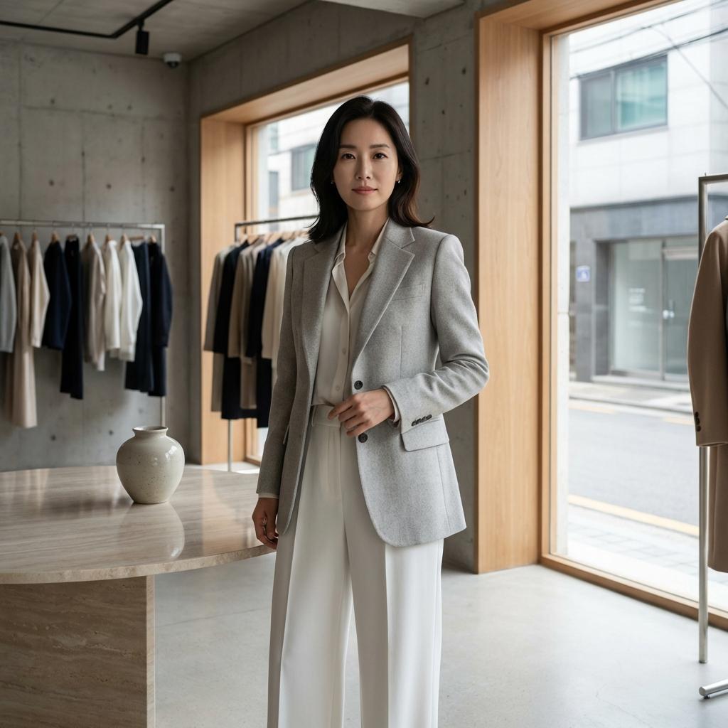 그레이 자켓과 화이트 팬츠가 만드는 럭셔리 무드