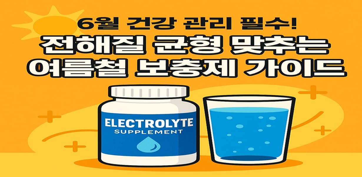 전해질 보충제와 물 한 컵이 그려진 여름 건강 관리 가이드 일러스트