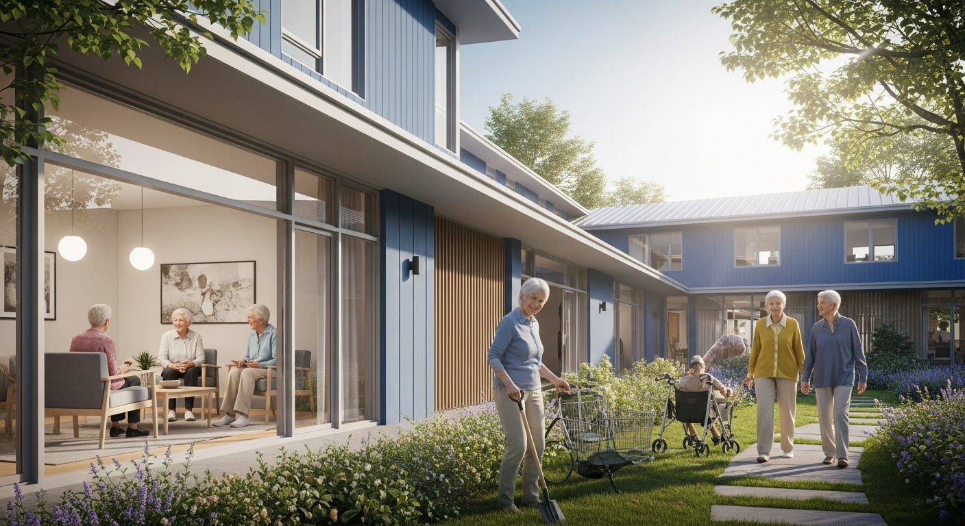 햇살 가득한 현대적인 실버타운에서 활기찬 여가를 즐기는 노년층의 모습, 평화롭고 편안한 은퇴 생활을 상징.