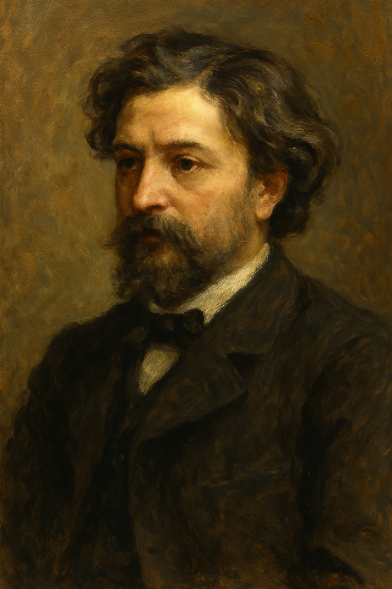 알퐁스 도데의 유화 스타일 초상화, 중년 남성이 진지한 표정으로 어두운 정장을 입고 있음