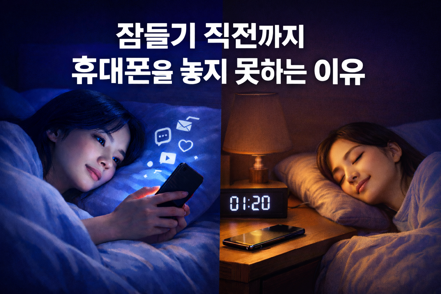 잠들기 전 휴대폰을 내려놓고 편안히 누운 여성의 밤 장면 비교 일러스트