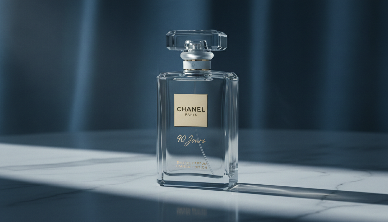 고급스러운 대리석 위에 놓인 샤넬 90 쥬르 한정판 향수병, 세련된 블루-그레이 톤의 조명 배경