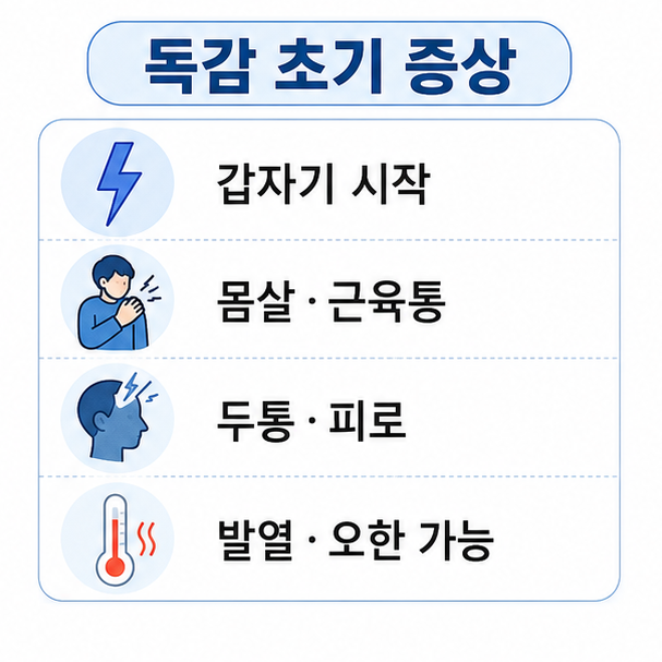 갑작스러운 몸살, 근육통, 두통, 피로, 발열과 오한 가능성을 보여주는 독감 초기 증상