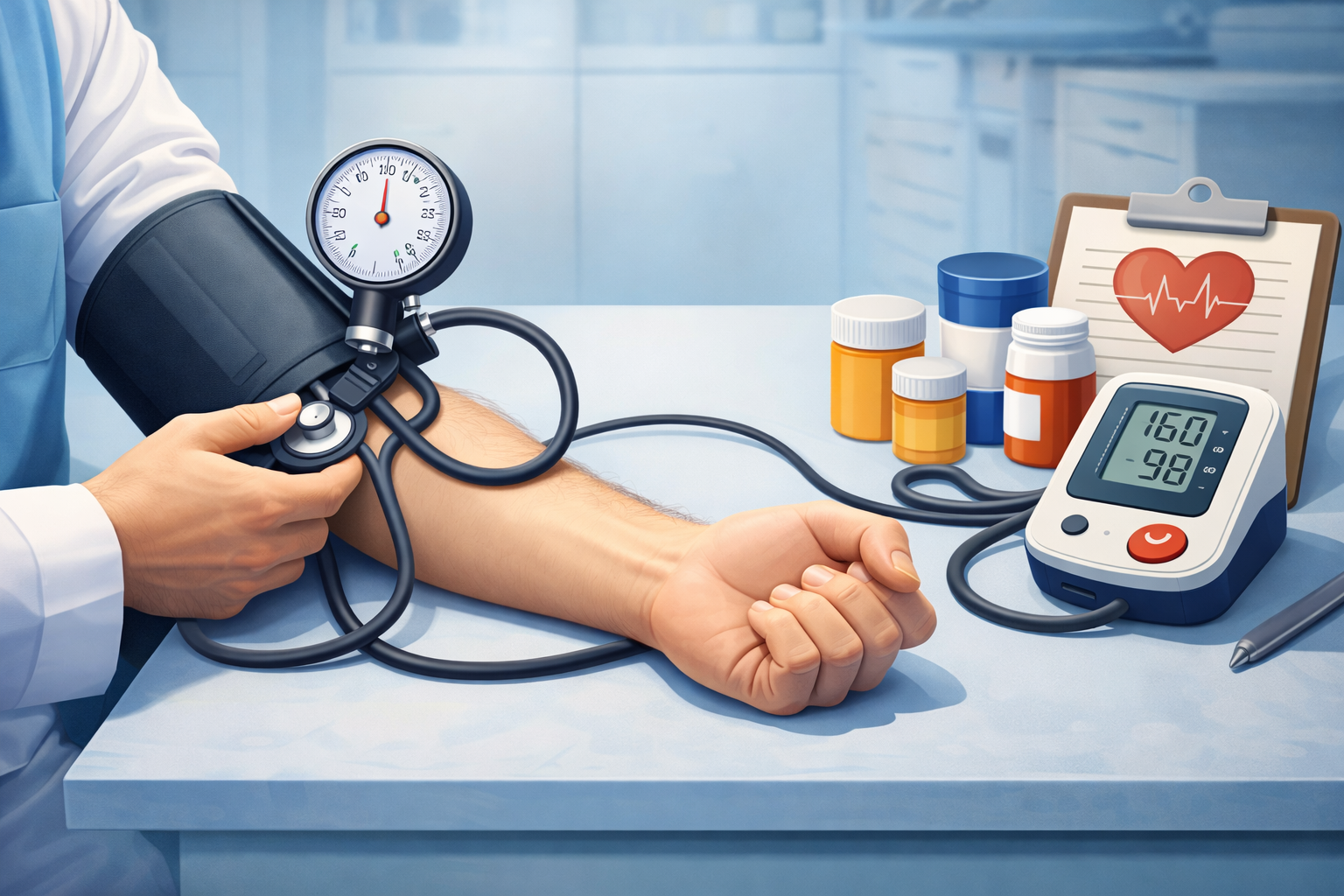 병원에서 팔에 혈압계를 착용하고 혈압을 측정하는 모습