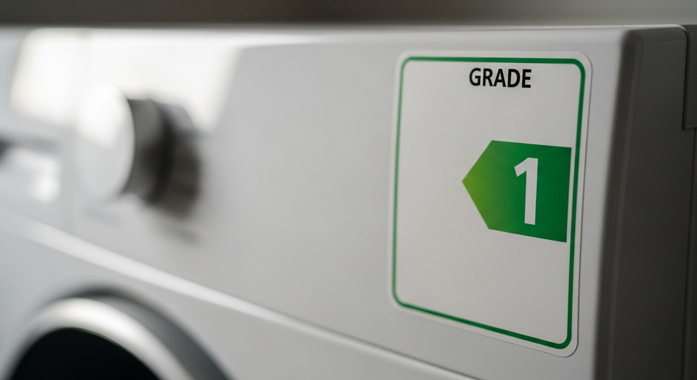 세탁기 전면 패널에 부착된 1등급 에너지효율 라벨 클로즈업