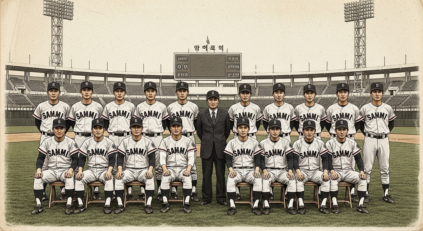 1982년 삼미 슈퍼스타즈의 첫 번째 선수단이 단체 사진을 찍는 모습. 빈티지한 유니폼과 굳건한 표정에서 팀 창단의 비장함과 열정이 느껴집니다.