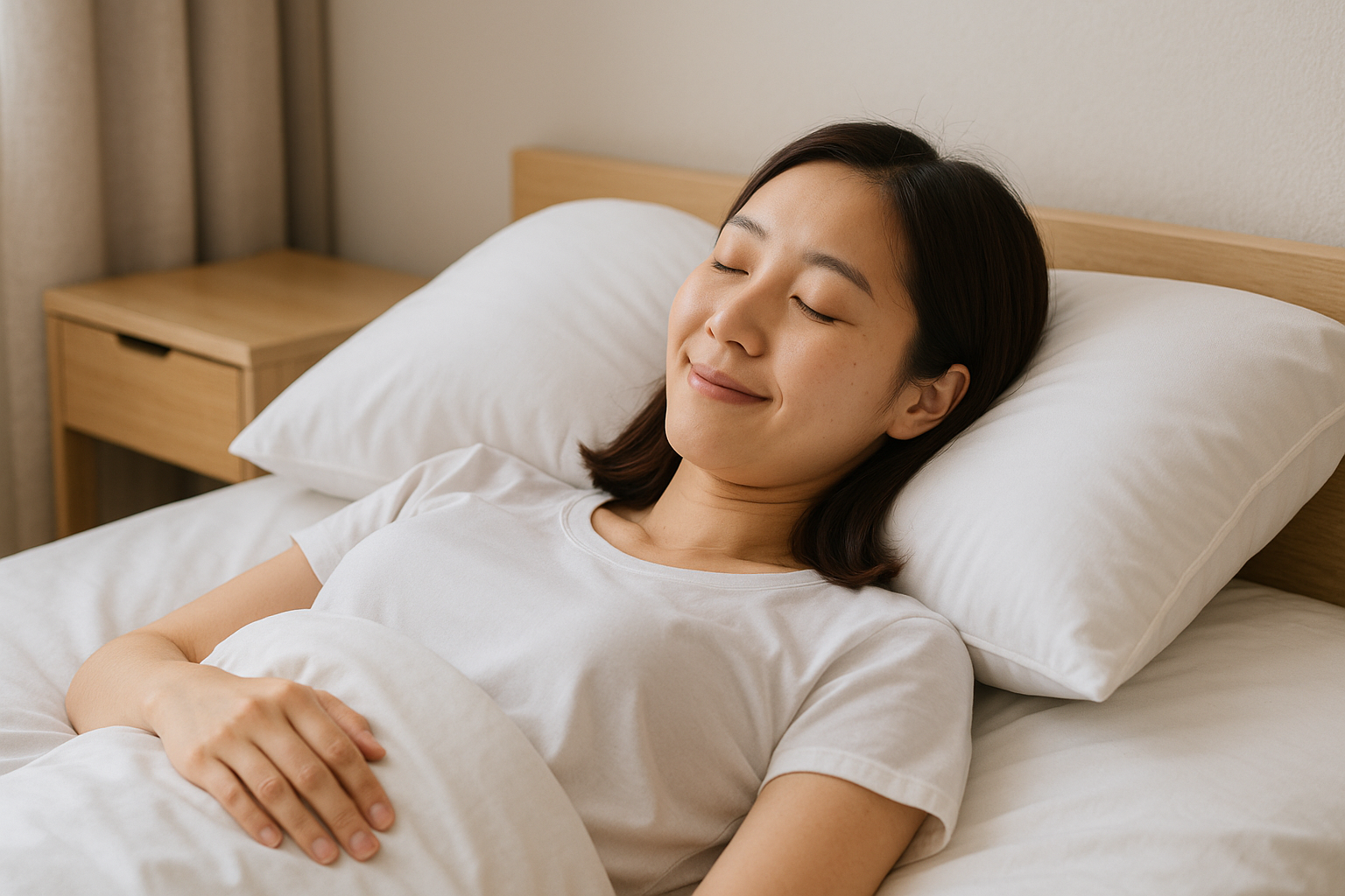 여성이 침대에 정면으로 누워서 자는 이미지