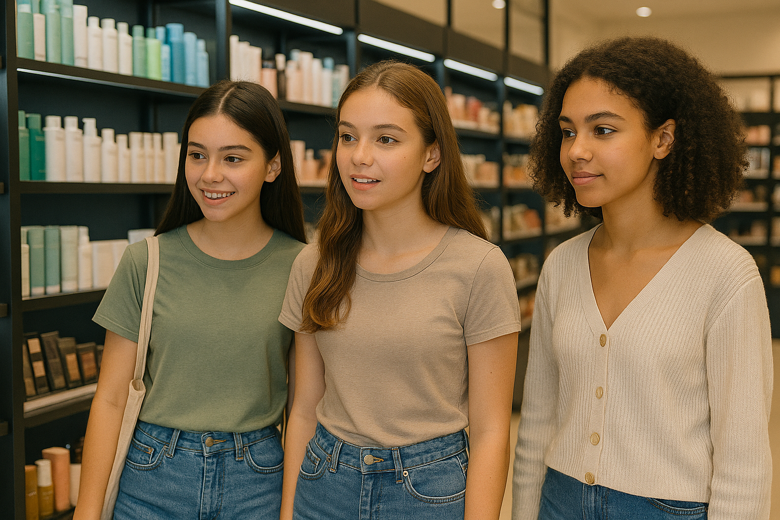 10대 후반의 여학생 3명이 화장품매장에서 화장품을 쇼핑하고 있는 이미지