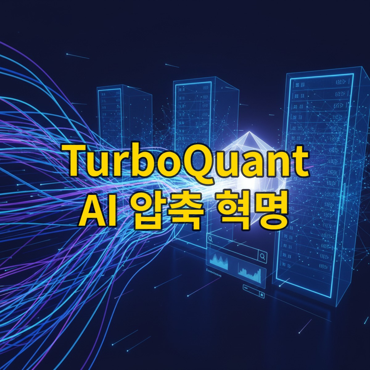 고차원 데이터가 효율적으로 압축되어 AI 시스템의 속도와 정확성을 높이는 모습을 추상적으로 표현한 이미지. 벡터 라인이 줄어들면서 정교한 형태로 변하는 모습.